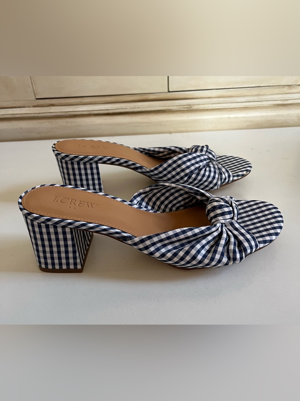 J.Crew Navy & White Gingham Knot  accent  Block Heel shoes preppy nautical 
7.5